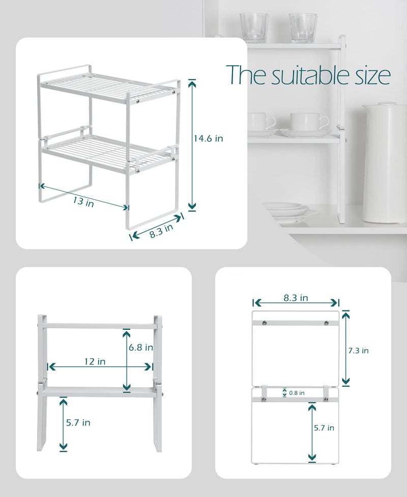 Shantton 2 Pack Kitchen Cabinet Shelf Counter Organizer Rack Pantry Storage Bathroom Bedroom Office Table Desk Space Saving Steel Frame Stackable Rust Resistant Non Slip White - Image 3